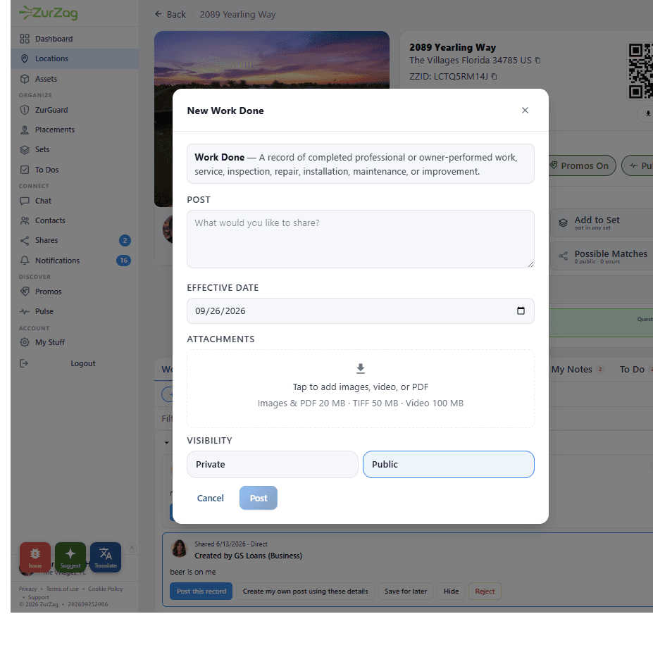 Asset creation screen with date acquired and private or public visibility options